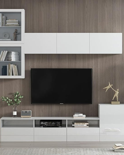 Merax High Gloss TV Stand with Wall Mounted Floating Storage Cabinets, Media Console for Television Up to 75" Versatile Entertainment Center, for Living Room, 93 inch Length, White - LeafyLoom