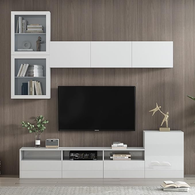 Merax High Gloss TV Stand with Wall Mounted Floating Storage Cabinets, Media Console for Television Up to 75" Versatile Entertainment Center, for Living Room, 93 inch Length, White - LeafyLoom