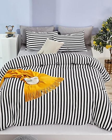 White and Black Stripes Comforter Set King Women Bedding Set Soft Durable White Striated Bedding Set Black Stripes Ticking Quilts Hotel Quality Comforter Set Girls White Black Stripes Bed Set - LeafyLoom