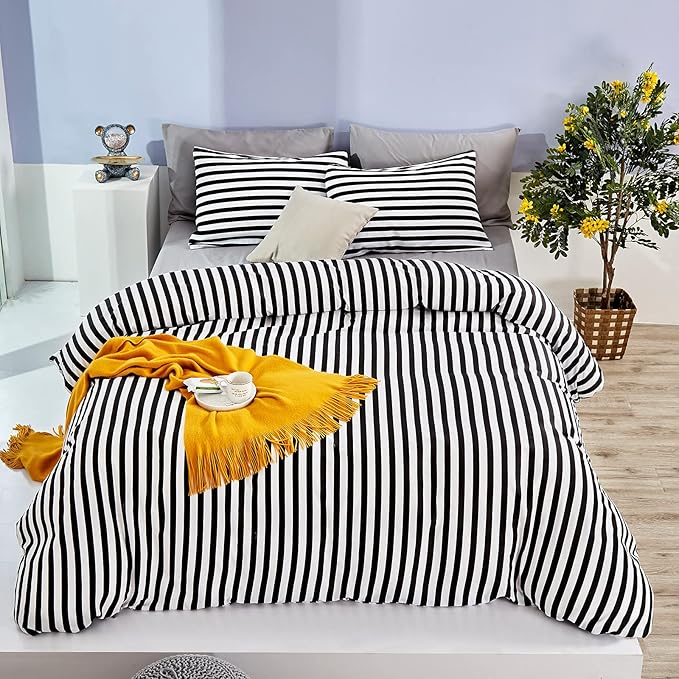 White and Black Stripes Comforter Set King Women Bedding Set Soft Durable White Striated Bedding Set Black Stripes Ticking Quilts Hotel Quality Comforter Set Girls White Black Stripes Bed Set - LeafyLoom