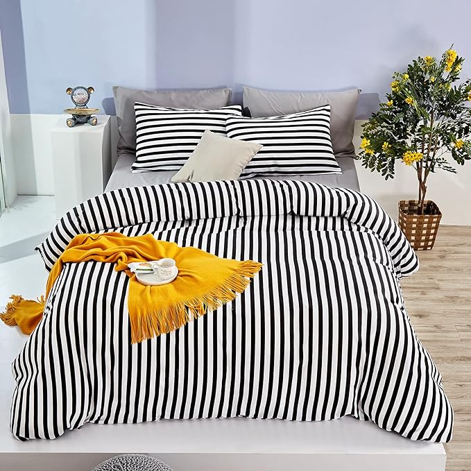 White and Black Striped Comforter Set Full/Queen Soft Durable Striated Bedding Set Ticking Quilts for Girls Boys Hotel Quality - LeafyLoom