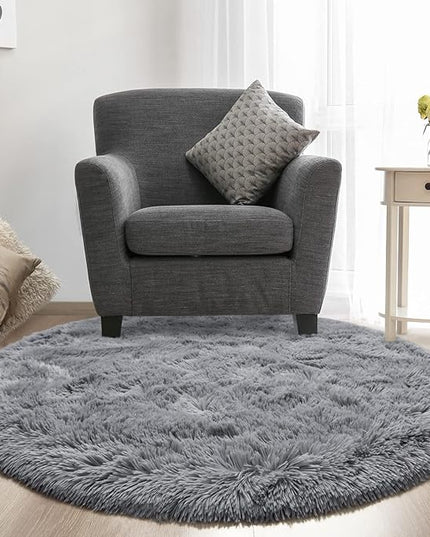 Grey Round Rug for Bedroom, Super Fluffy Circle Rugs for Baby Nursery, 4'X4' Feet Furry Carpet for Children Kids Room, Cute Soft Shaggy Rug for Girls Home Decor, Fuzzy Plush Carpets for Dorm - LeafyLoom