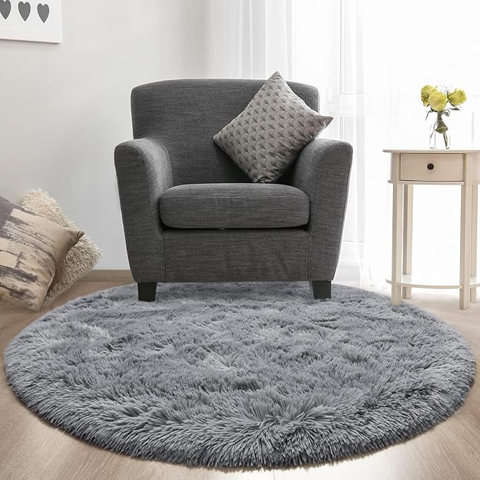 Grey Round Rug for Bedroom, Super Fluffy Circle Rugs for Baby Nursery, 5'X5' Feet Furry Carpet for Children Kids Room, Cute Soft Shaggy Rug for Girls Home Decor, Fuzzy Plush Carpets for Dorm - LeafyLoom
