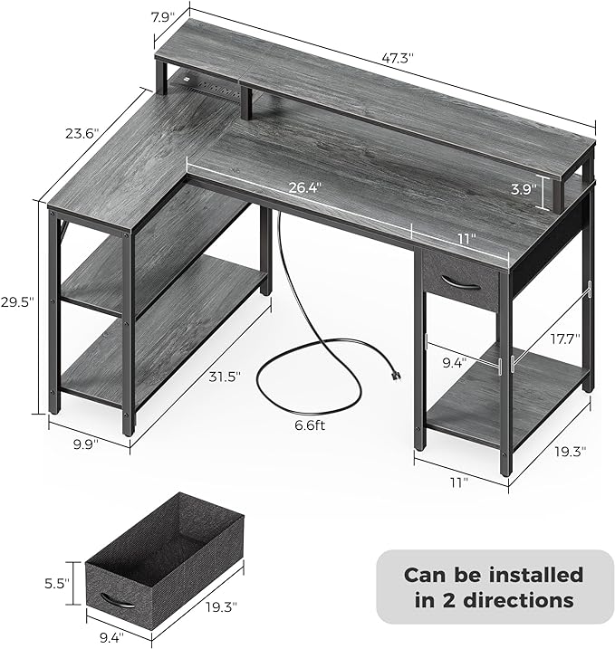 SUPERJARE 47 inch Reversible L Shaped Desk with LED Lights & Power Outlets, Computer Desk with Shelves & Monitor Stand, Gaming Desk with Drawer, Home Office Desk Corner Desk, Grey - LeafyLoom