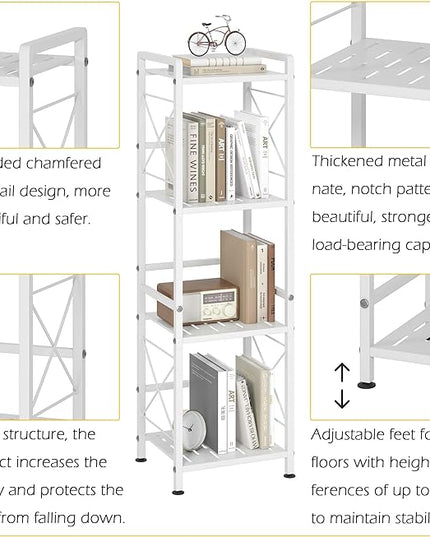 JSB 4 Tier Metal Bookshelf Bathroom Storage Standing Shelf Unit Kitchen Storage Organizer Display Rack Bookcases Shelves for Living Room, Bedroom, Office (White, 4 Tier) - LeafyLoom