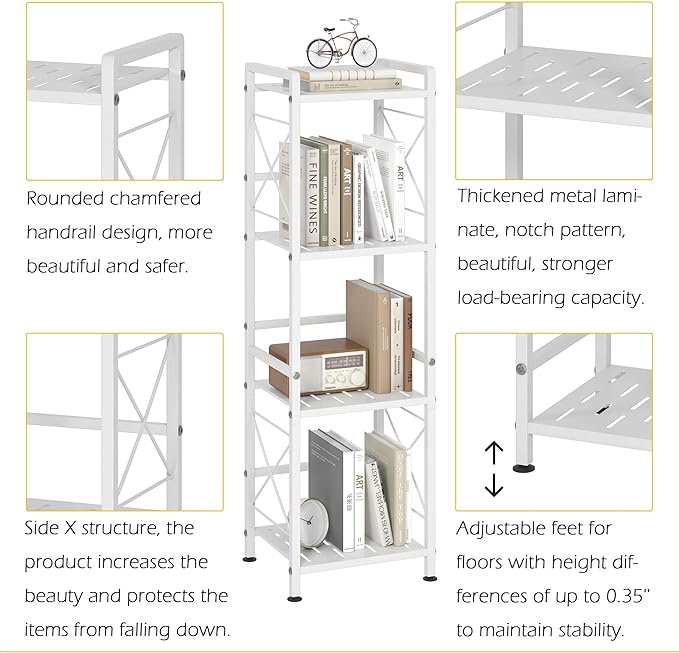 JSB 4 Tier Metal Bookshelf Bathroom Storage Standing Shelf Unit Kitchen Storage Organizer Display Rack Bookcases Shelves for Living Room, Bedroom, Office (White, 4 Tier) - LeafyLoom