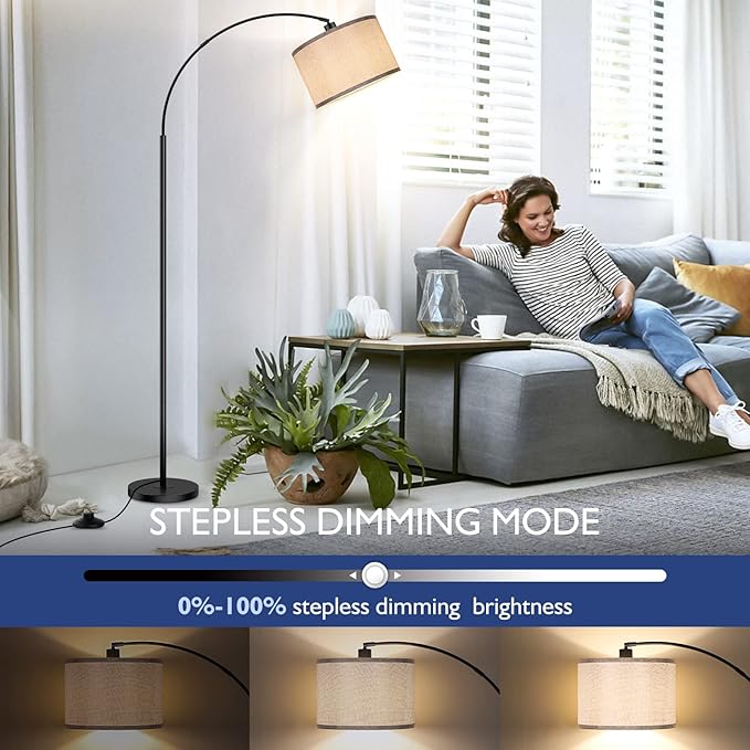 Arc Floor Lamps for Living Room, Modern Remote Control Standing Lamp with Stepless Dimmable, Black Tall Lamp with Gary Drum Shade, Over Couch Arched Reading Light for Bedroom, Office(Bulb Included) - LeafyLoom
