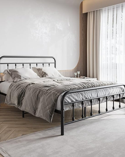 Vintage Queen Size Bed Frame with Headboard and Footboard Mattress Heavy Duty Metal Platform, Steel Slat Support (Queen, Black Sanded) - LeafyLoom