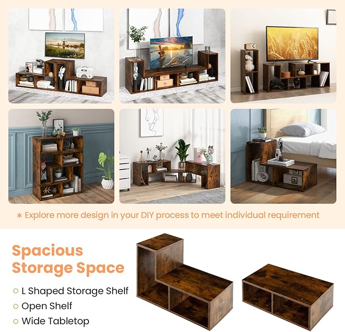 BUSHLY 3 Pieces Console TV Stand, Modern Multimedia Furniture for 50 55 60 65 Inch Flat Screen TV, DIY Open Storage Bookcase Shelf for Storage and Display, Suitable for Living Room Bedroom (Brown) - LeafyLoom