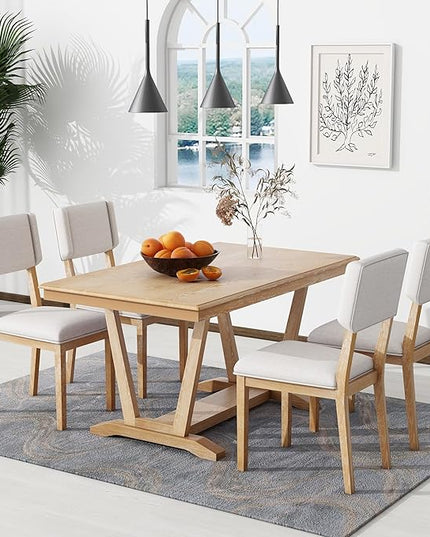 Modern Style 5 Piece 4 Upholstered Chairs, Rubber Wood Set w/59 Rectangular Trestle Table Base, Easy Clean, for Dining Room, Kitchen, Natural 23 - LeafyLoom