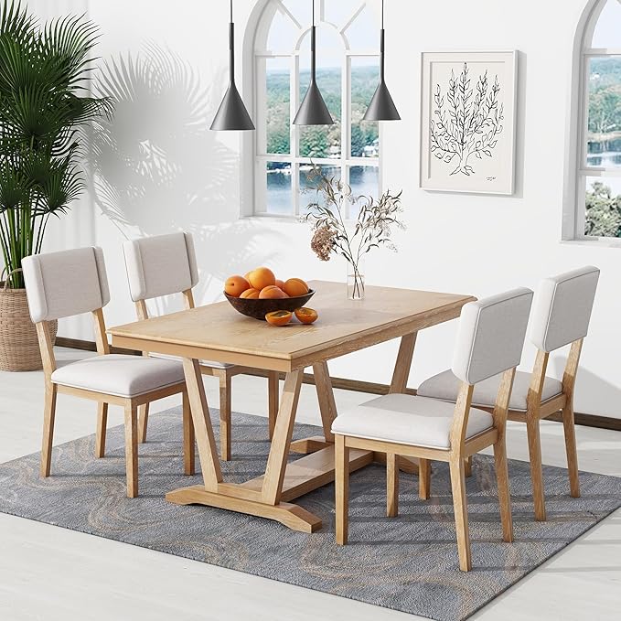 Modern Style 5 Piece 4 Upholstered Chairs, Rubber Wood Set w/59 Rectangular Trestle Table Base, Easy Clean, for Dining Room, Kitchen, Natural 23 - LeafyLoom