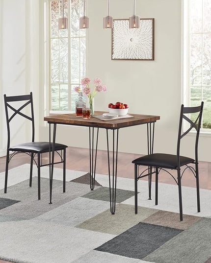 VECELO 3-Piece Table Chairs with Metal Legs for Kitchen, Room, Dinette, Breakfast Nook, Dining Set for 2, Retro Brown - LeafyLoom