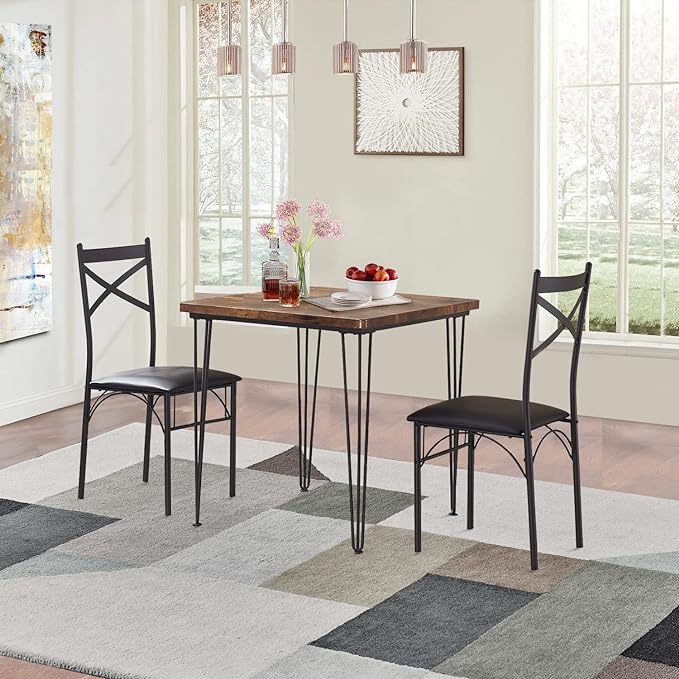 VECELO 3-Piece Table Chairs with Metal Legs for Kitchen, Room, Dinette, Breakfast Nook, Dining Set for 2, Retro Brown - LeafyLoom