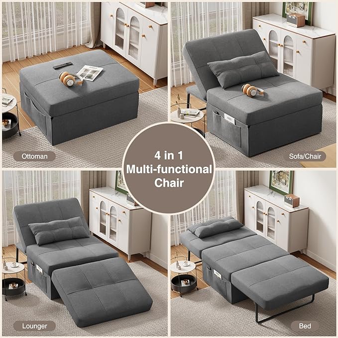 Sleeper Chair Bed, 4 in 1 Convertible Chair Bed Sofa Bed, Assembly-Free Sofa Chair Bed with Adjustable Backrest and Pillow, Modern Breathable Linen Fabric for Living Room Apartment Office, Dark Grey - LeafyLoom