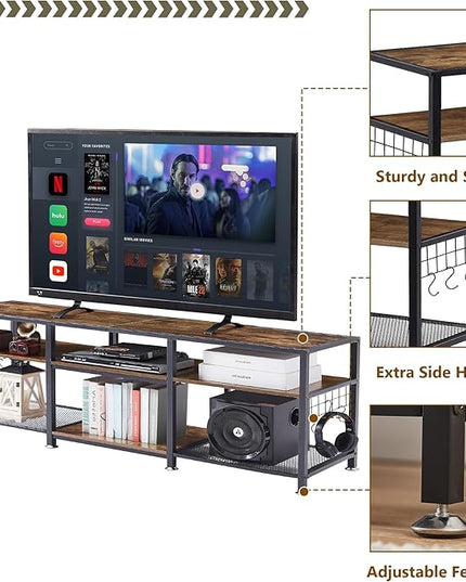 VECELO TV Stand for Televisions up to 75 Inch, Industrial Entertainment Center with 3-Tier Open Storage Shelves& Hooks for Living, Bedroom and Gaming Room, 70 Inch, Brown - LeafyLoom