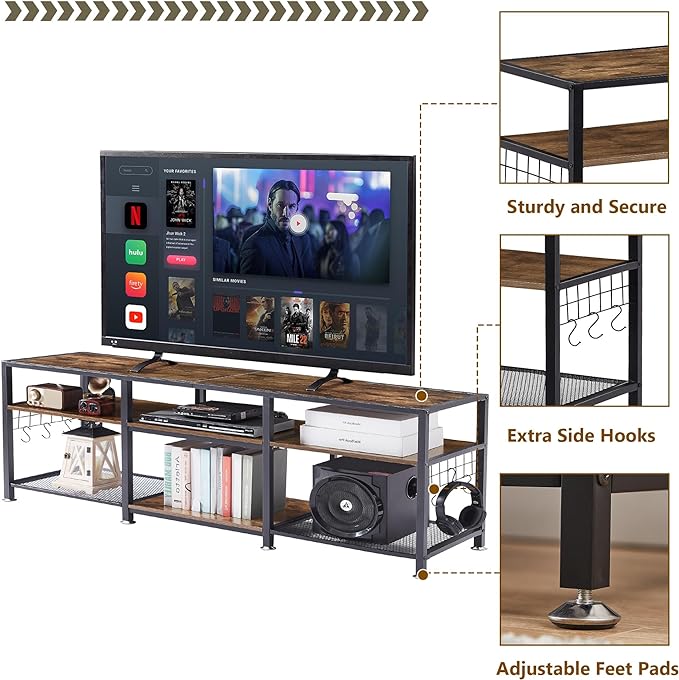VECELO TV Stand for Televisions up to 75 Inch, Industrial Entertainment Center with 3-Tier Open Storage Shelves& Hooks for Living, Bedroom and Gaming Room, 70 in, Brown - LeafyLoom