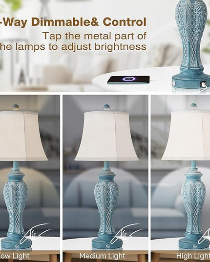 27.5'' Set of 2 Table Lamps for Living Room,Vintage Nightstand Bedside Lamps with 2-USB Charging Ports, Retro 3-Way Dimmable Touch Lamps for Nightstand Bedroom (2 Bulbs Includ Blue Washed) - LeafyLoom