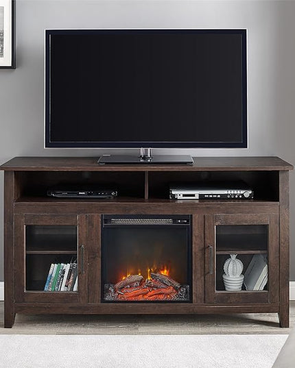 Walker Edison Glenwood Rustic Farmhouse Glass Door Highboy Fireplace TV Stand for TVs up to 65 Inches, 58 Inch, Brown - LeafyLoom