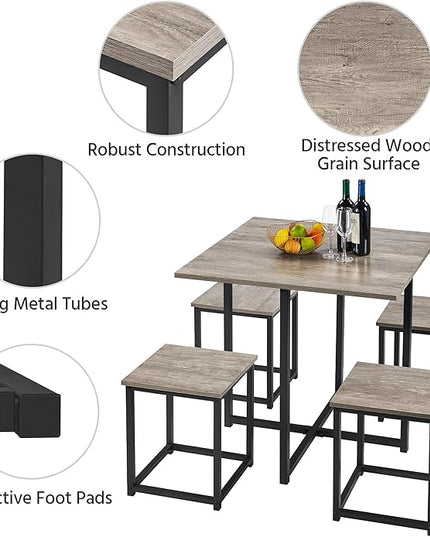 Yaheetech 5-Piece Dining Table Set - Industrial Kitchen & Chairs Sets for 4 Compact with Stools Space-Saving Design Apartment, Small Space, Breakfast Nook, Gray - LeafyLoom