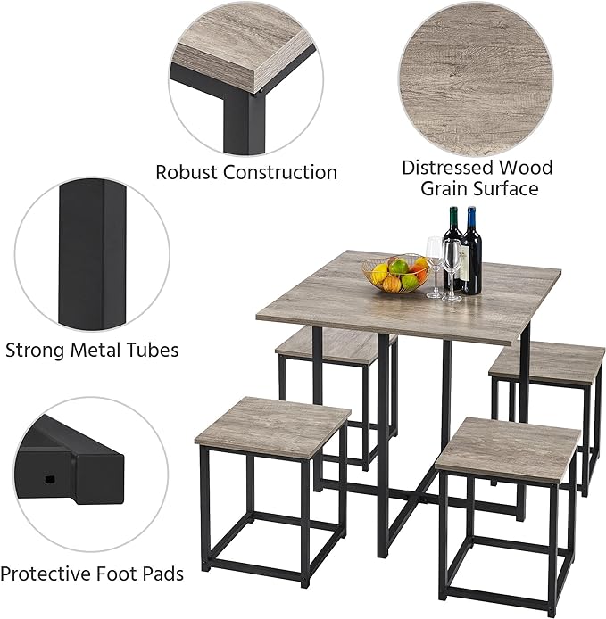 Yaheetech 5-Piece Dining Table Set - Industrial Kitchen & Chairs Sets for 4 Compact with Stools Space-Saving Design Apartment, Small Space, Breakfast Nook, Gray - LeafyLoom