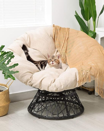 Bme 40" Ergonomic Wicker Papasan Chair with Soft Thick Density Fabric Cushion, High Capacity Steel Frame, 360 Degree Swivel for Living, Bedroom, Reading Room, Lounge, Sepia Sand - Black Base - LeafyLoom