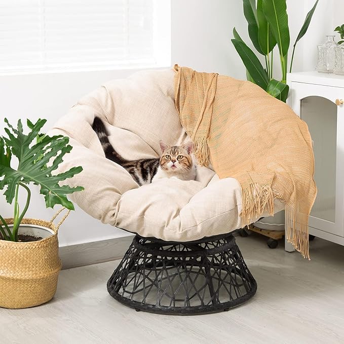 Bme 40" Ergonomic Wicker Papasan Chair with Soft Thick Density Fabric Cushion, High Capacity Steel Frame, 360 Degree Swivel for Living, Bedroom, Reading Room, Lounge, Sepia Sand - Black Base - LeafyLoom