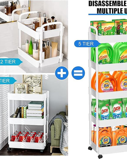 5-Tier Rolling Cart, Utility Cart with Lockable Wheels, Storage Cart Craft Cart Book Cart Diaper Cart Organizer for Bathroom Kitchen, white - LeafyLoom