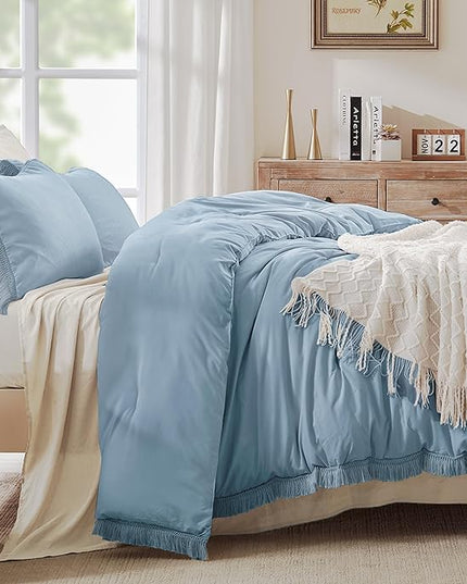 Andency Grayish Blue Comforter Set Full Size, 3 Pieces Boho Tassel Lightweight Bedding Comforter Sets, All Season Soft Fluffy Fringe Bed Set (79x90In Comforter & 2 Pillowcases) - LeafyLoom