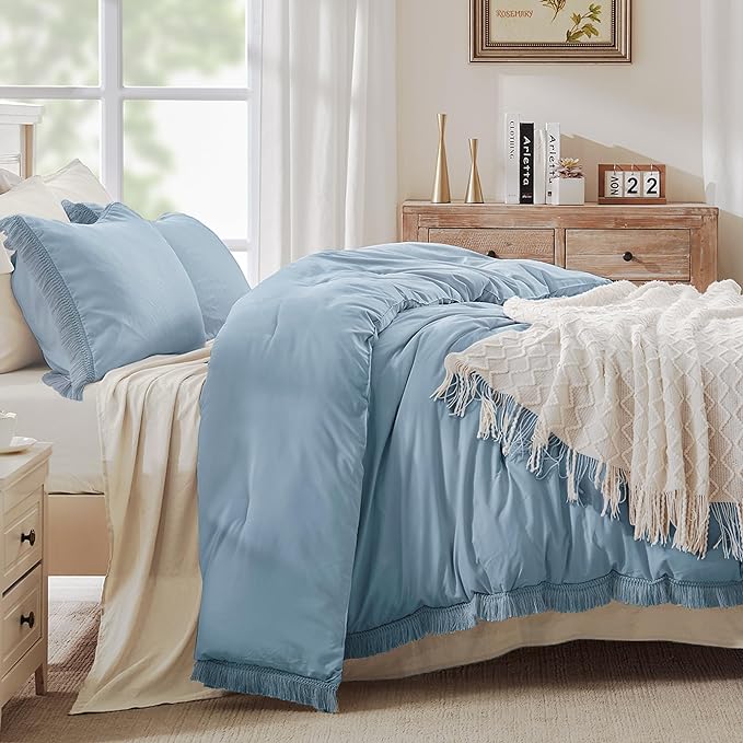 Andency Grayish Blue Comforter Set Full Size, 3 Pieces Boho Tassel Lightweight Bedding Comforter Sets, All Season Soft Fluffy Fringe Bed Set (79x90In Comforter & 2 Pillowcases) - LeafyLoom