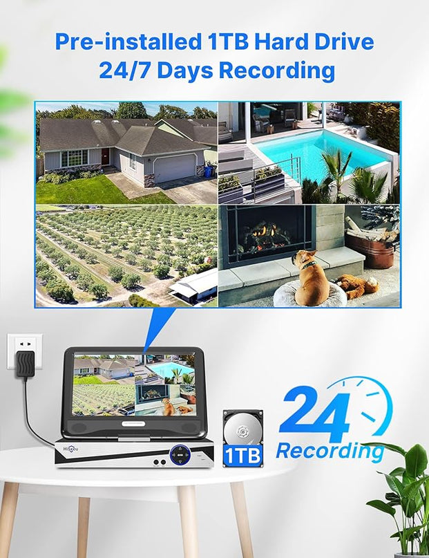 [10CH Expandable] Hiseeu Wireless Security Camera System with 10in LCD 4K Monitor, 4Pcs 5MP Outdoor Indoor Cameras with One-Way Audio, Waterproof, Motion Detect, 1TB HDD/Cloud Storage, Work with Alexa Hiseeu