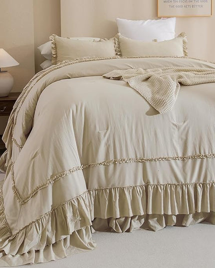 Oversized King Comforter 128x120,Farmhouse Shabby Boho Chic Ruffled Bedding Comforter Set,3pcs Extra Large King Size Wheat Ruffle Comforter Sets French Country Bedding Set Ultra Soft - LeafyLoom