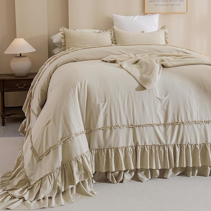 Oversized King Comforter 128x120,Farmhouse Shabby Boho Chic Ruffled Bedding Comforter Set,3pcs Extra Large King Size Wheat Ruffle Comforter Sets French Country Bedding Set Ultra Soft - LeafyLoom