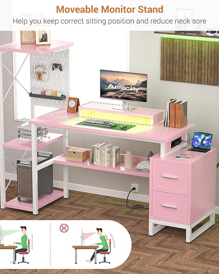 Computer Desk with 2 Fabric Drawers - Reversible Home Office Desk with Power Outlet & LED Lights, 53" Writing Desk with Monitor Stand & Storage Shelves, Gaming Desk Study Table with Pegboard, Pink - LeafyLoom