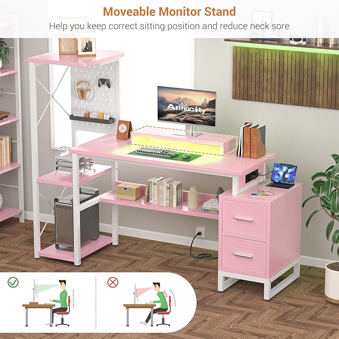 Computer Desk with 2 Fabric Drawers - Reversible Home Office Desk with Power Outlet & LED Lights, 53" Writing Desk with Monitor Stand & Storage Shelves, Gaming Desk Study Table with Pegboard, Pink - LeafyLoom
