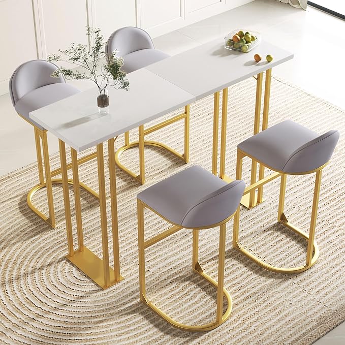 NicBex Small Dining Table Set for 4 Bar Table and Chairs Set Modern Gold White Table with 4 Velvet Cushion Bar Stools, Kitchen Counter High Top Table for Home & Kitchen, Grey+White - LeafyLoom