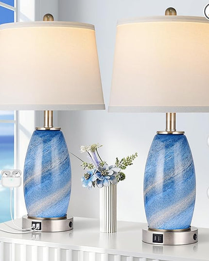 Table Lamps Set of 2, 3-Way Lighting Modes Modern Table Lamps for Bedroom, Blue Bedside Lamps with USB C+A, Glass Nightstand Lamps, 23.5" Table Lamps for Living Room Bedroom Decoration - LeafyLoom