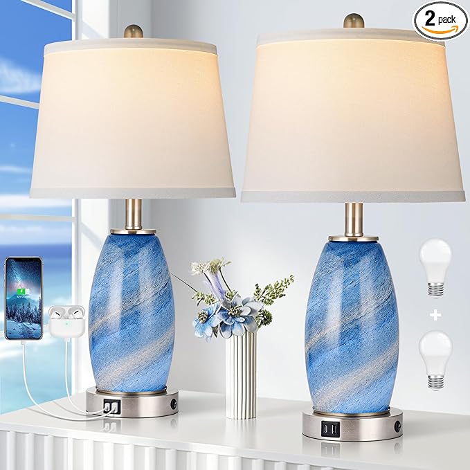 Table Lamps Set of 2, 3-Way Lighting Modes Modern Table Lamps for Bedroom, Blue Bedside Lamps with USB C+A, Glass Nightstand Lamps, 23.5" Table Lamps for Living Room Bedroom Decoration - LeafyLoom