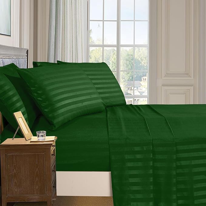 Elegant Comfort Softest and Coziest 4-Piece Sheet Set - 1500 Premium Hotel Quality Microfiber - Deep Pocket, Wrinkle Resistant 4-Piece Damask Stripe Bed Sheet Set, Twin, Hunter Green - LeafyLoom