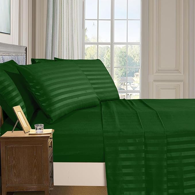 Elegant Comfort Softest and Coziest 4-Piece Sheet Set - 1500 Premium Hotel Quality Microfiber - Deep Pocket, Wrinkle Resistant 4-Piece Damask Stripe Bed Sheet Set, Twin XL, Hunter Green - LeafyLoom