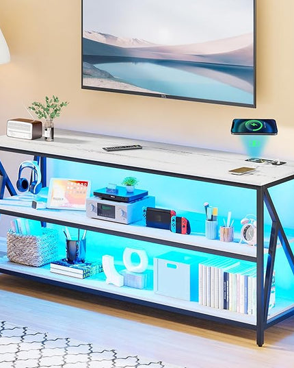 Lvifur LED TV Stand up to 70''Televisions, Farmhouse TV Console Table with RGB 24 Colors Dimmable, Industrial Entertainment Center with Human Body Sensor for Living Room Bedroom - LeafyLoom