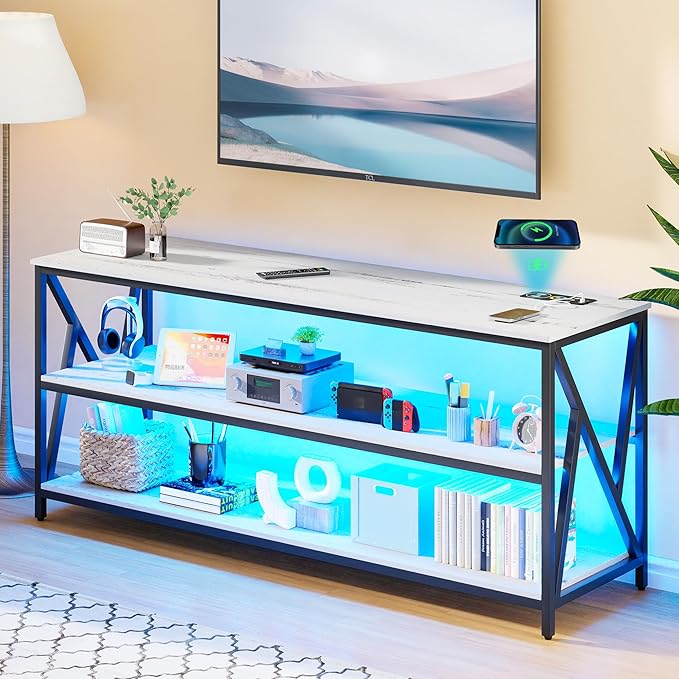 Lvifur LED TV Stand up to 70''Televisions, Farmhouse TV Console Table with RGB 24 Colors Dimmable, Industrial Entertainment Center with Human Body Sensor for Living Room Bedroom - LeafyLoom