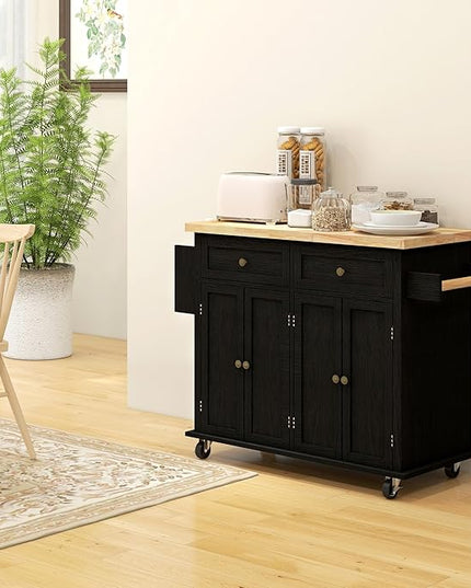 HOMCOM Kitchen Island on Wheels, Rolling Cart with Rubberwood Top, Spice Rack, Towel Rack and Drawers for Dining Room, Distressed Black - LeafyLoom
