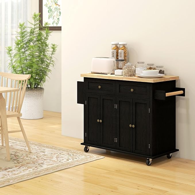 HOMCOM Kitchen Island on Wheels, Rolling Cart with Rubberwood Top, Spice Rack, Towel Rack and Drawers for Dining Room, Distressed Black - LeafyLoom