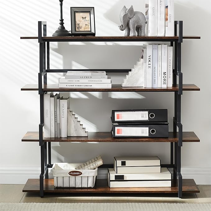 4-Tier Bookshelf-Industrial Bookcase, Rustic Open Book Shelf, Vintage Freestanding Bookshelves, Metal Frame and Solid Wood, Living room, Office, Bedroom Storage - LeafyLoom