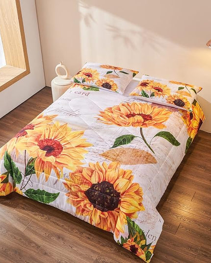 Sunflower Comforter Sets,Seamless Pattern with Hand Drawn Vibrant Yellow Watercolor Sunflowers on The Background,Decorative Bedding Comforter Sets with 2 Pillow Shams, Twin Size - LeafyLoom