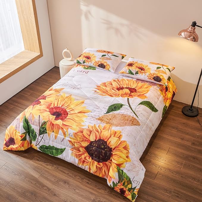 Sunflower Comforter Sets,Seamless Pattern with Hand Drawn Vibrant Yellow Watercolor Sunflowers on The Background,Decorative Bedding Comforter Sets with 2 Pillow Shams, Twin Size - LeafyLoom