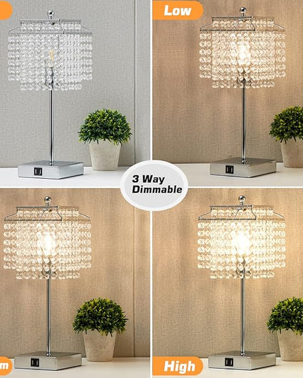 Luvkczc Crystal Table Lamp with Touch Control Set of 2, USB Bedside Crystal Table Lamp with USB C+A Ports, 3-Way Dimmable Lamp with Crystal Shade for Bedroom, Living Room, 6W LED Bulb Included - LeafyLoom