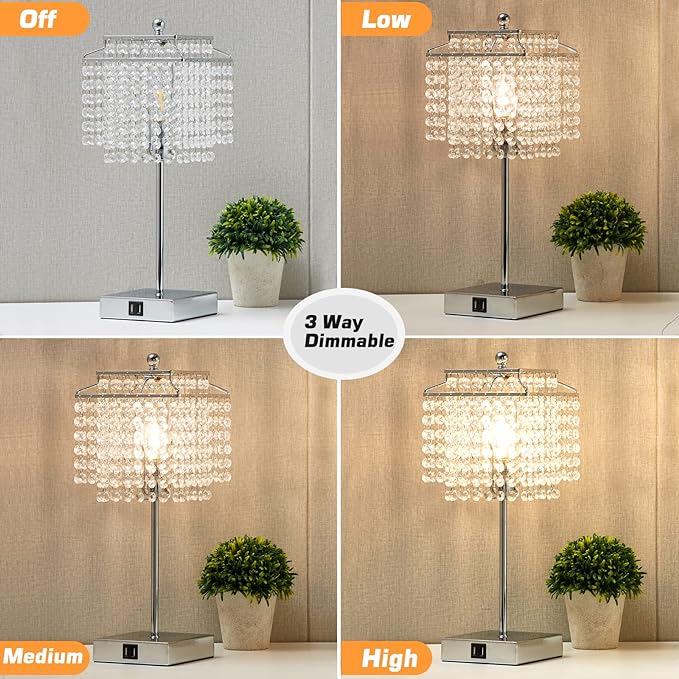 Luvkczc Crystal Table Lamp with Touch Control, USB Bedside Crystal Table Lamp, 3-Way Dimmable Lamp with Crystal Shade for Girls Bedroom, Living Room, 6W LED Bulb Included - LeafyLoom