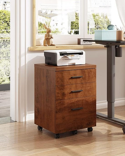 DEVAISE 3 Drawer File Cabinet for Home Office, Wood Under Desk Filing Cabinet, Rolling Printer Stand with Wheels, Walnut - LeafyLoom