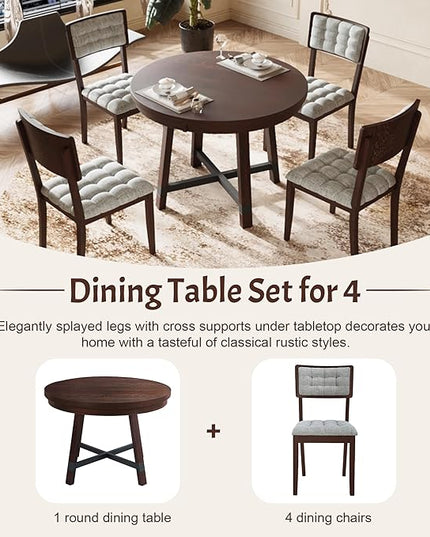 Rustic 42inch Round Dining Table Set for 4 with Cross Legs and Upholstered Chairs for Small Places, Espresso - LeafyLoom